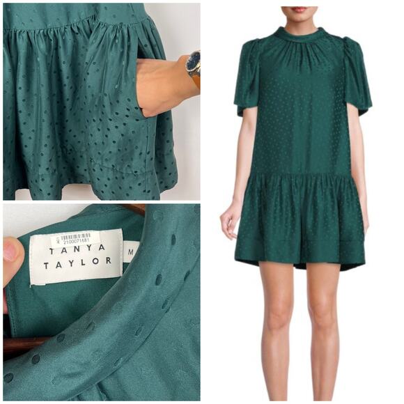 Tanya Taylor Green Swiss Dot Tiered Mini Dress Flutter Sleeves Pockets Size M - Picture 7 of 10